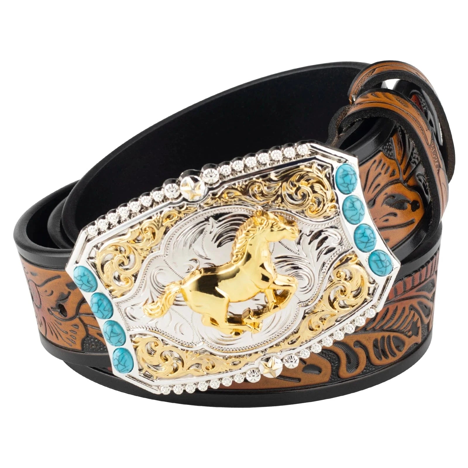Westernbälte i tvålagersläder med guldpräglat hästmotiv och turkosa detaljer Kamel / 95cm