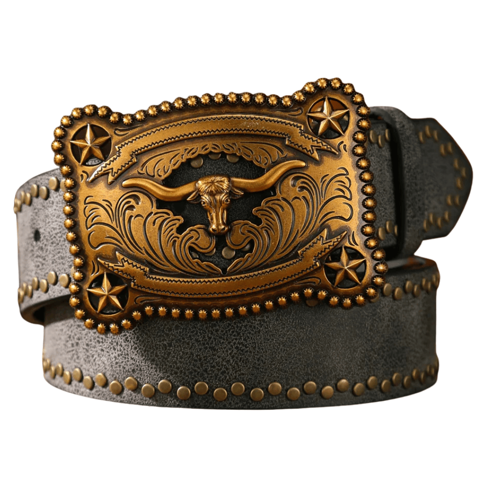Westernbälte med antikt longhornmotiv Svart guld / 120cm