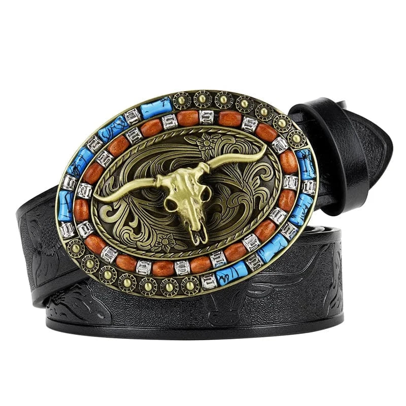 Westernbälte med färgat tjurspänne och präglat läder Svart / 110cm