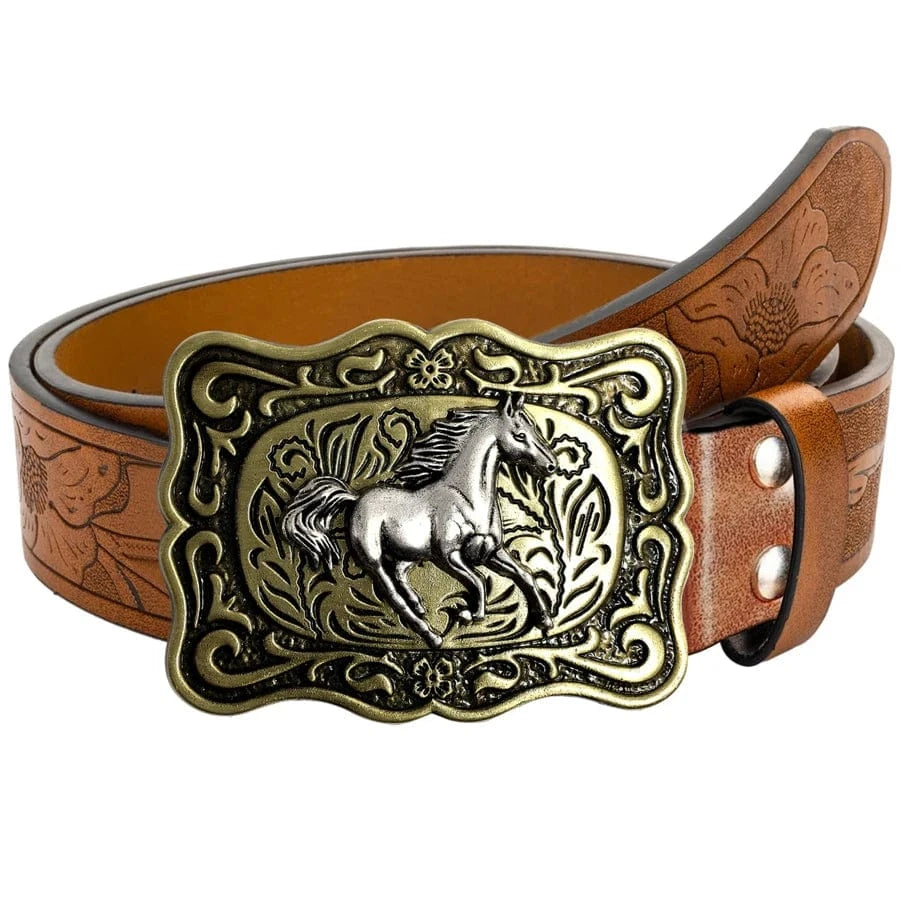 Westernbälte med Hästspänne i Präglat Läder Brun / 110cm
