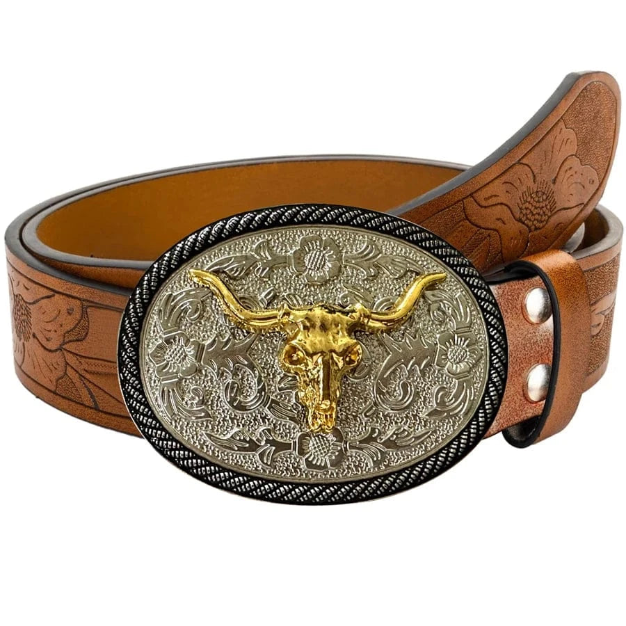 Westernbälte med Ovalt Spänne och Präglade Detaljer i Vintage-Stil Brun 1 / 110cm