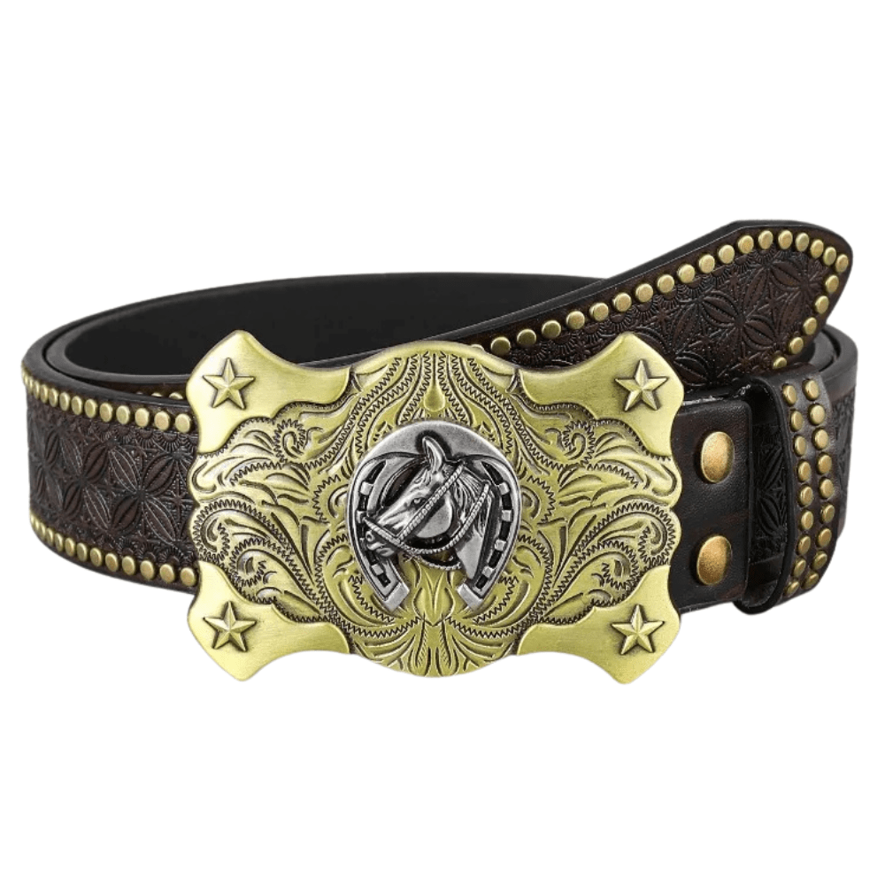 Westernbälte med Präglad Design och Unika Spännen i Metall Brun stil B / 110cm