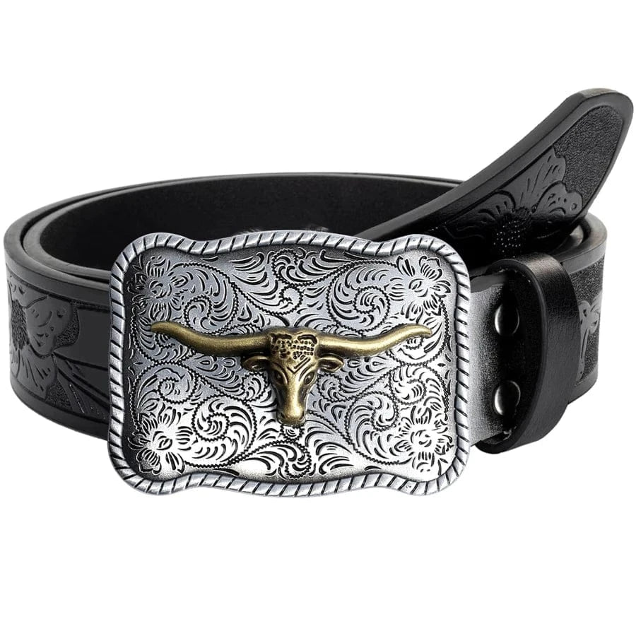 Westernbälte med Präglat Hornspänne och Blommönster Svart / 110cm