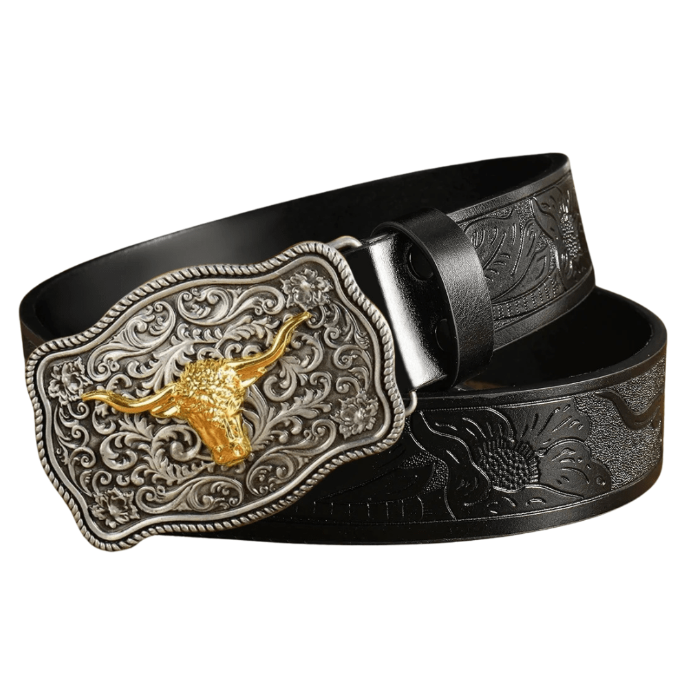 Westernbälte med präglat mönster och tjurhuvudspänne Svart / 110cm