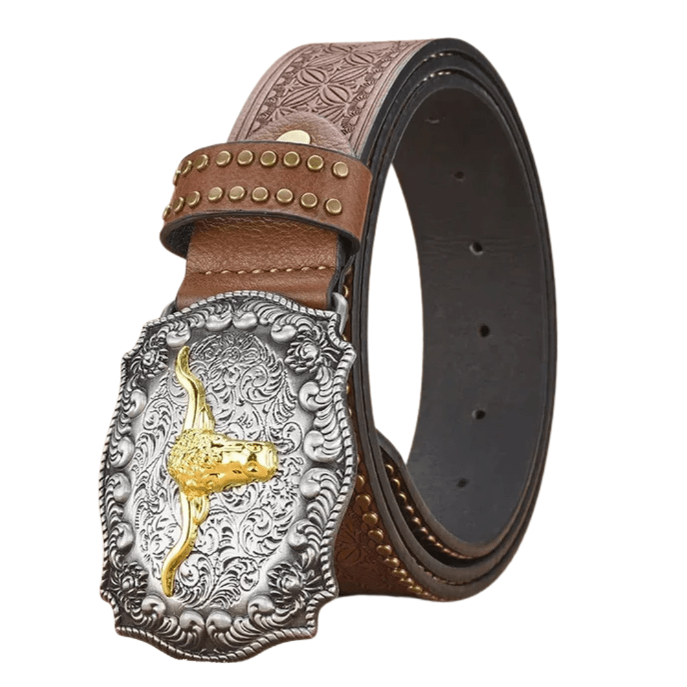 Westernbälte med präglat mönster och tjurspänne i guld Brun / 105cm