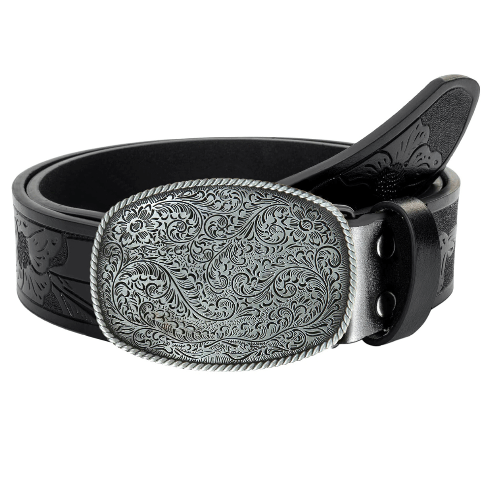 Westernbälte med präglat spänne i metall Svart och silver / 110cm