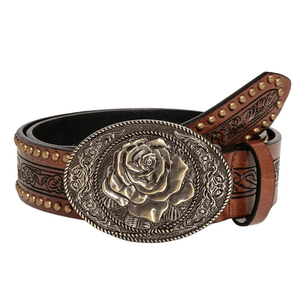 Westernbälte med Rosspänne i Brunt Präglat läder Brun Blommig 2 / 102cm