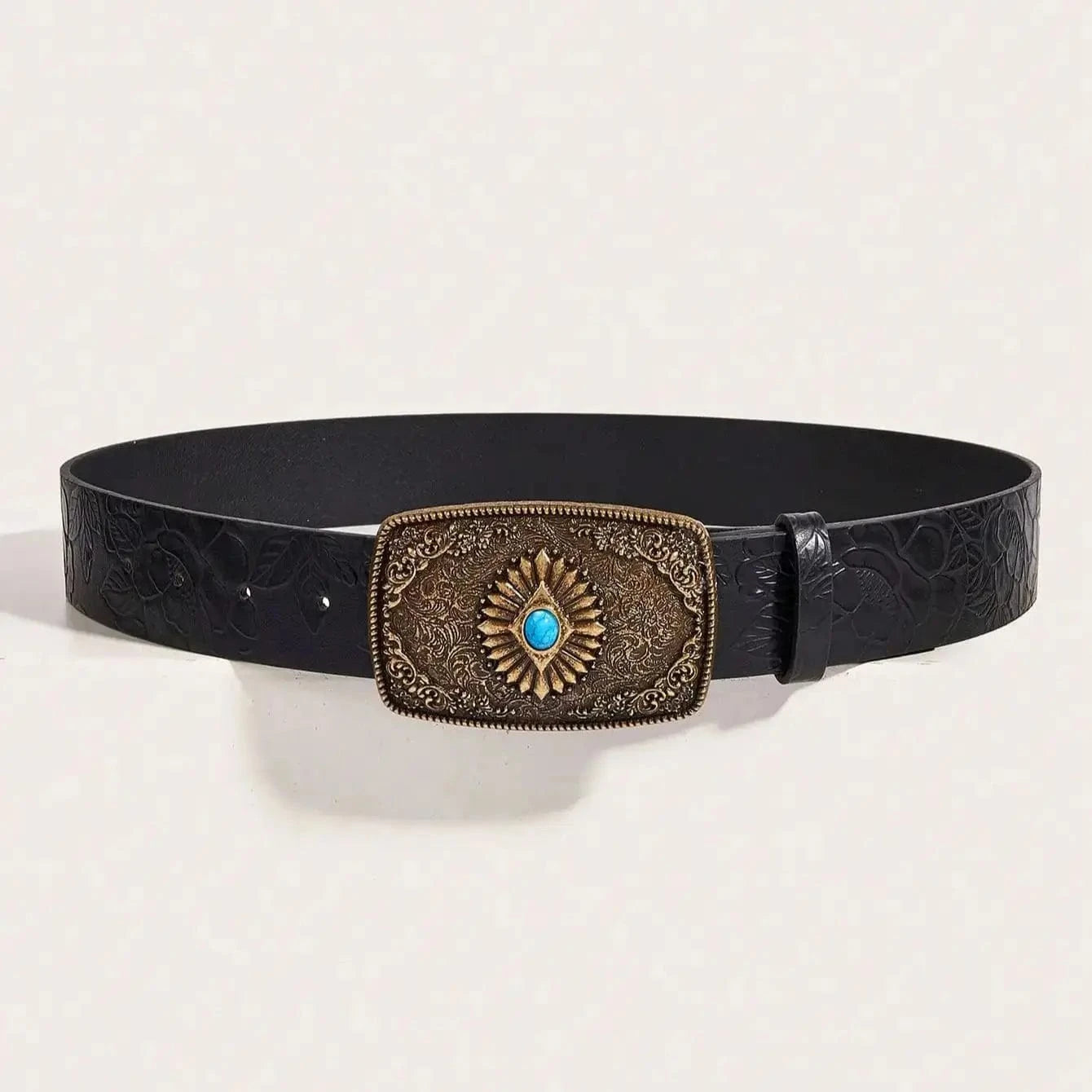 Westernbälte svart präglad med rektangulärt antikspänne och safirsten