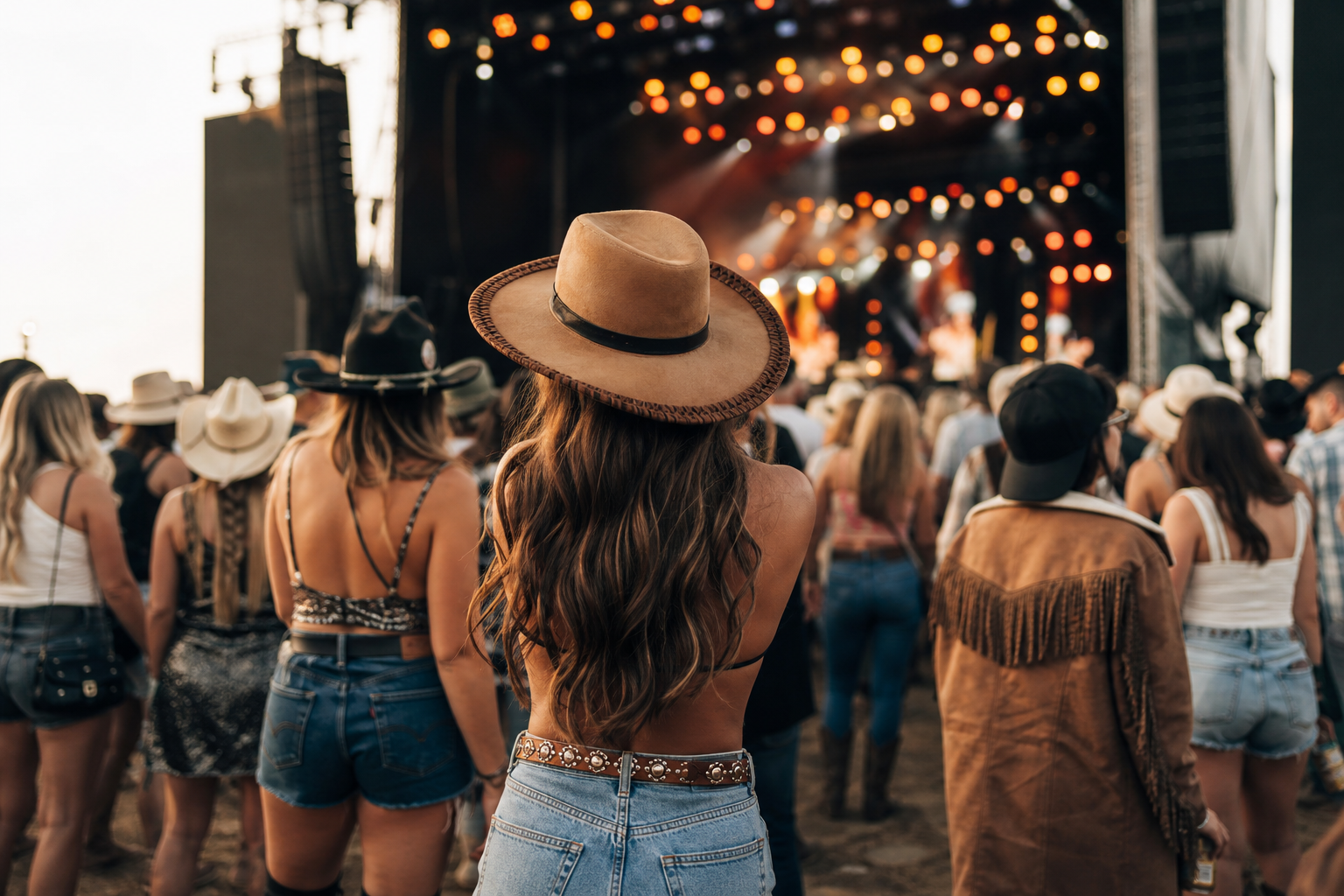 Foule de festivaliers en tenues western devant une grande scène avec éclairages
