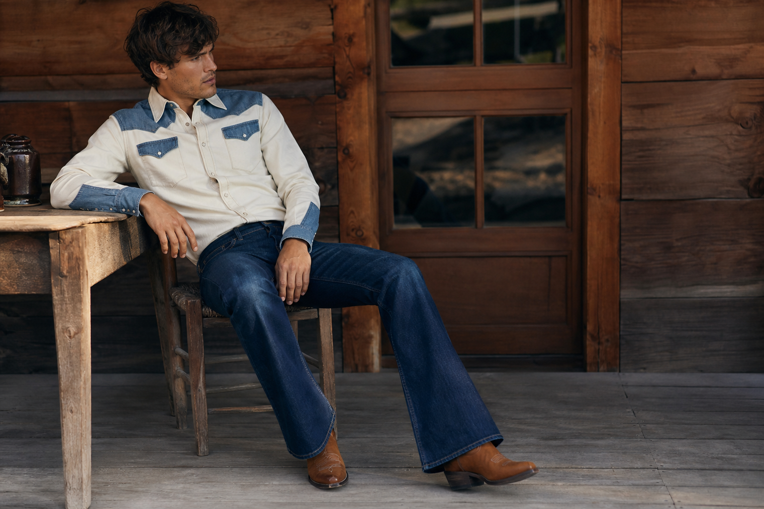 Homme en jean bootcut indigo et santiags cognac, chemise western à empiècements, pose décontractée