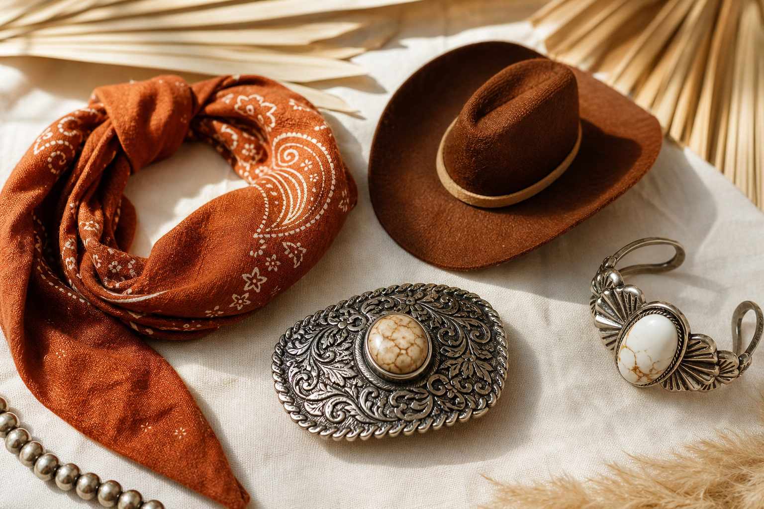 Assortiment de petits accessoires western disposés en flat lay — bandana, boucle de ceinture, bijou et chapeau miniature