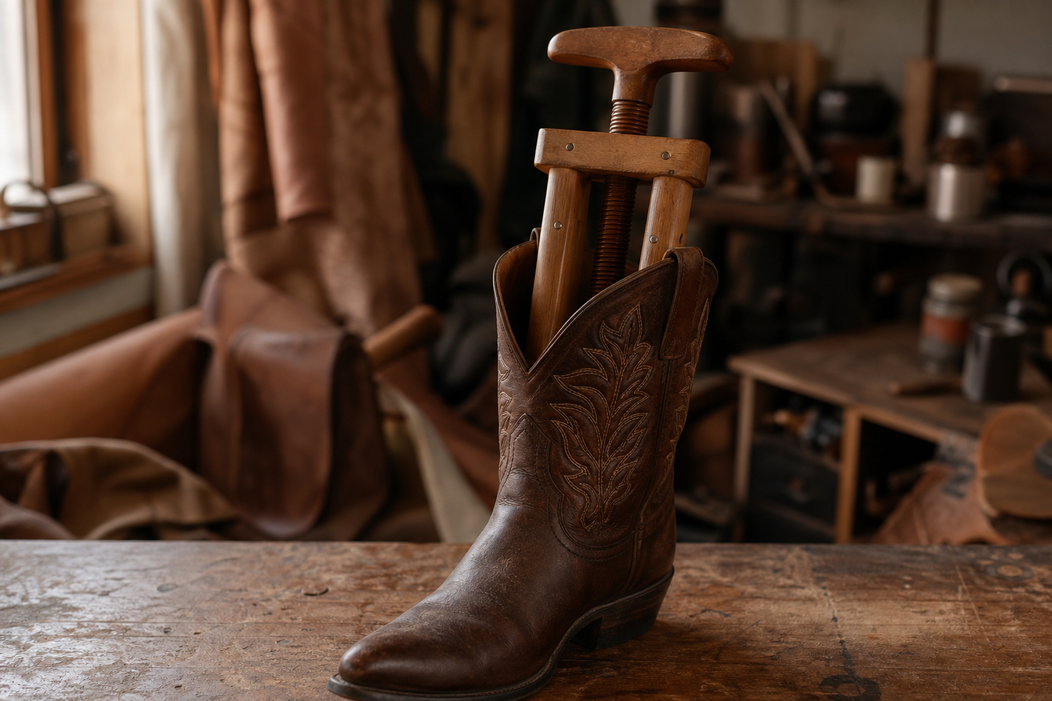 Boot stretcher en bois avec mécanisme à vis inséré dans une santiag brune, sur un établi