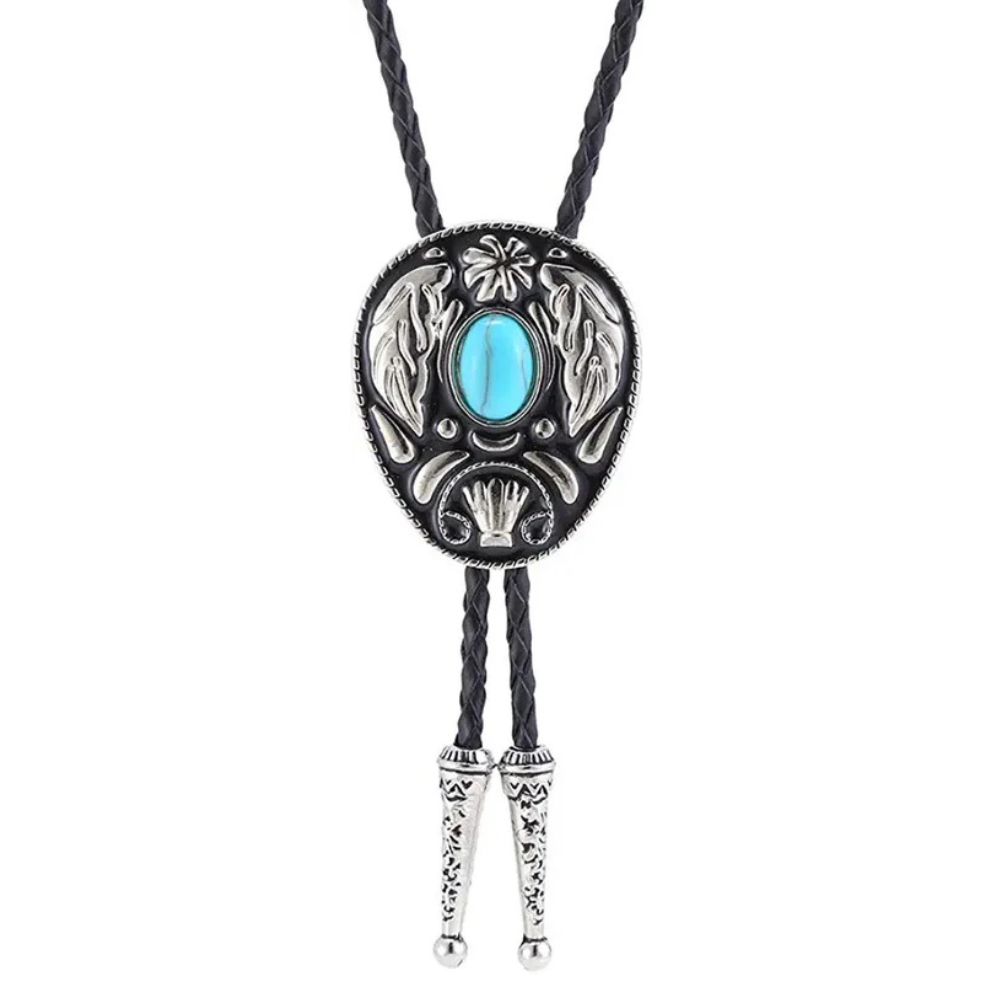 Bolo tie med dekorativ sten och lövmönstrad i vintage-stil