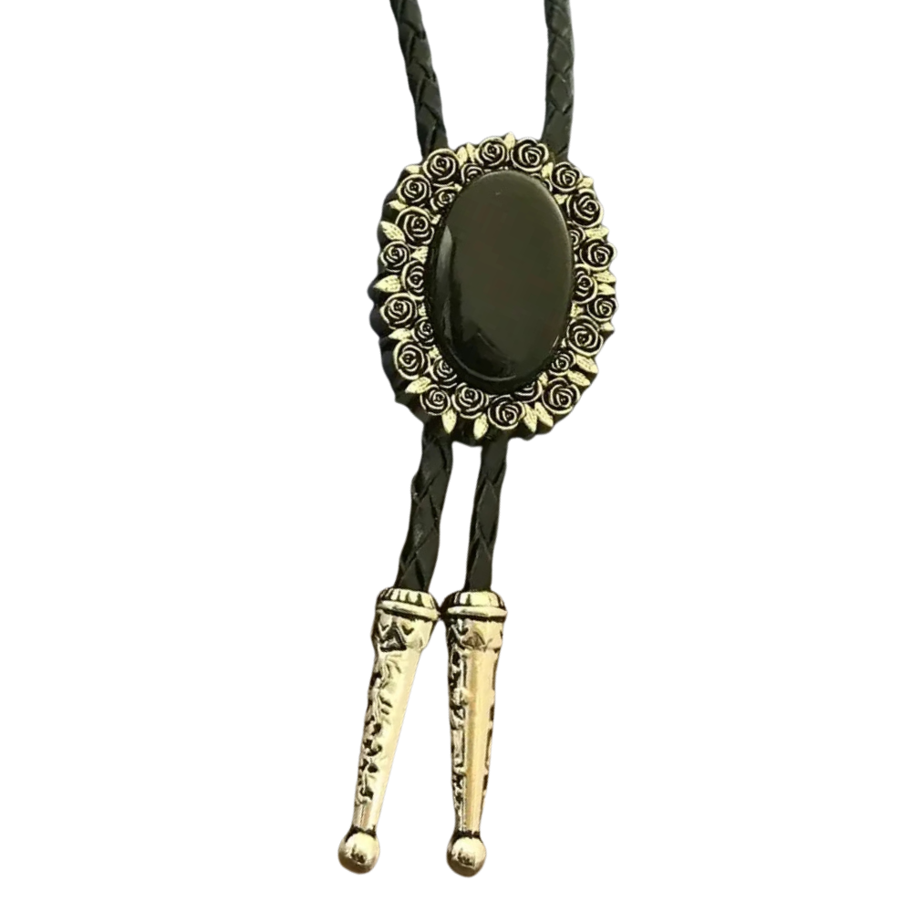 Bolo tie i äkta läder med vintageblomma och steninfattning