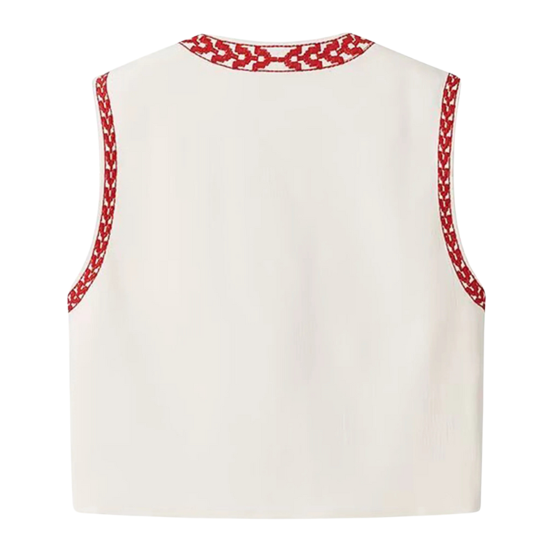 Vit Broderad Väst med Röda Blommor