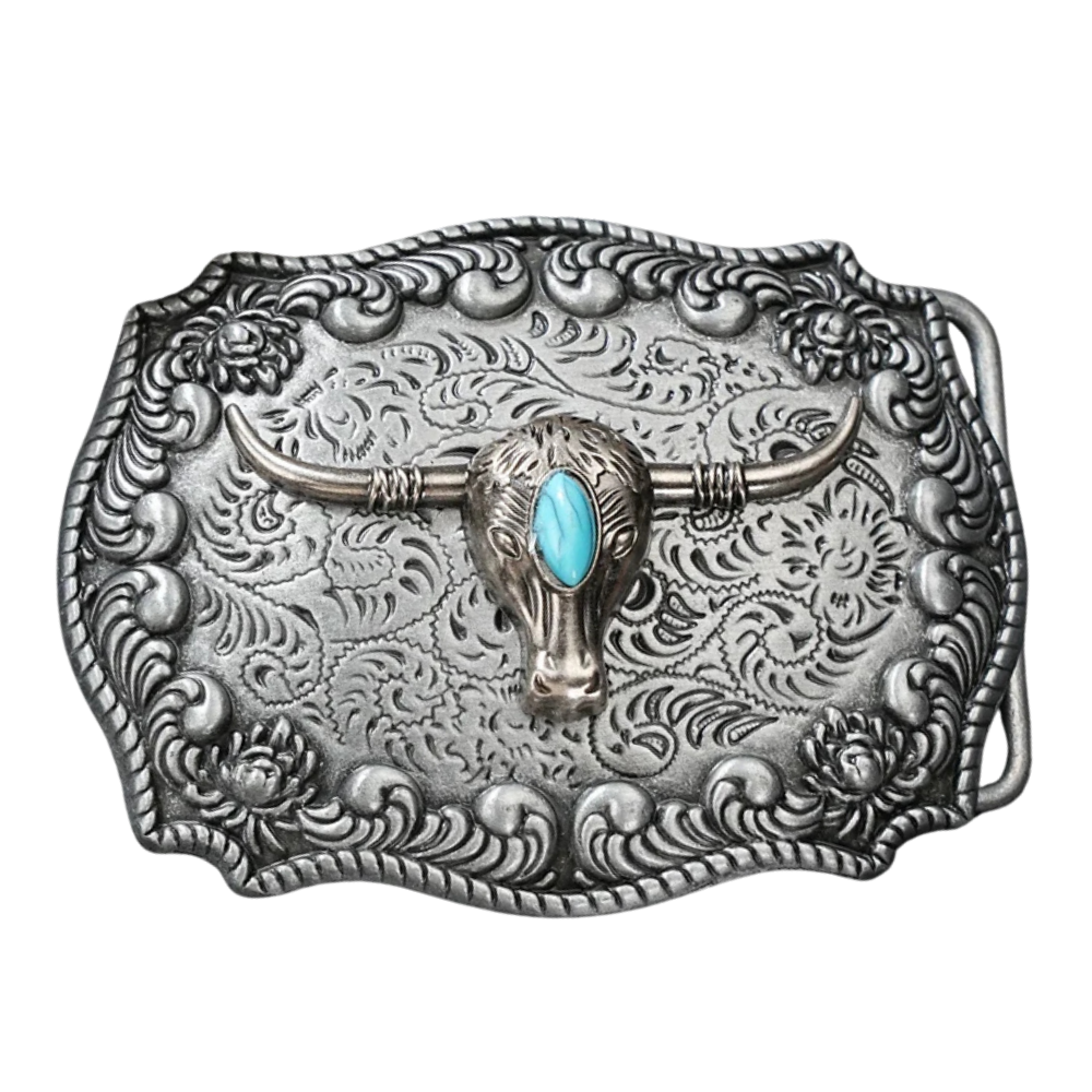 Bältespänne silverfärgat med turkos sten och westernmotiv