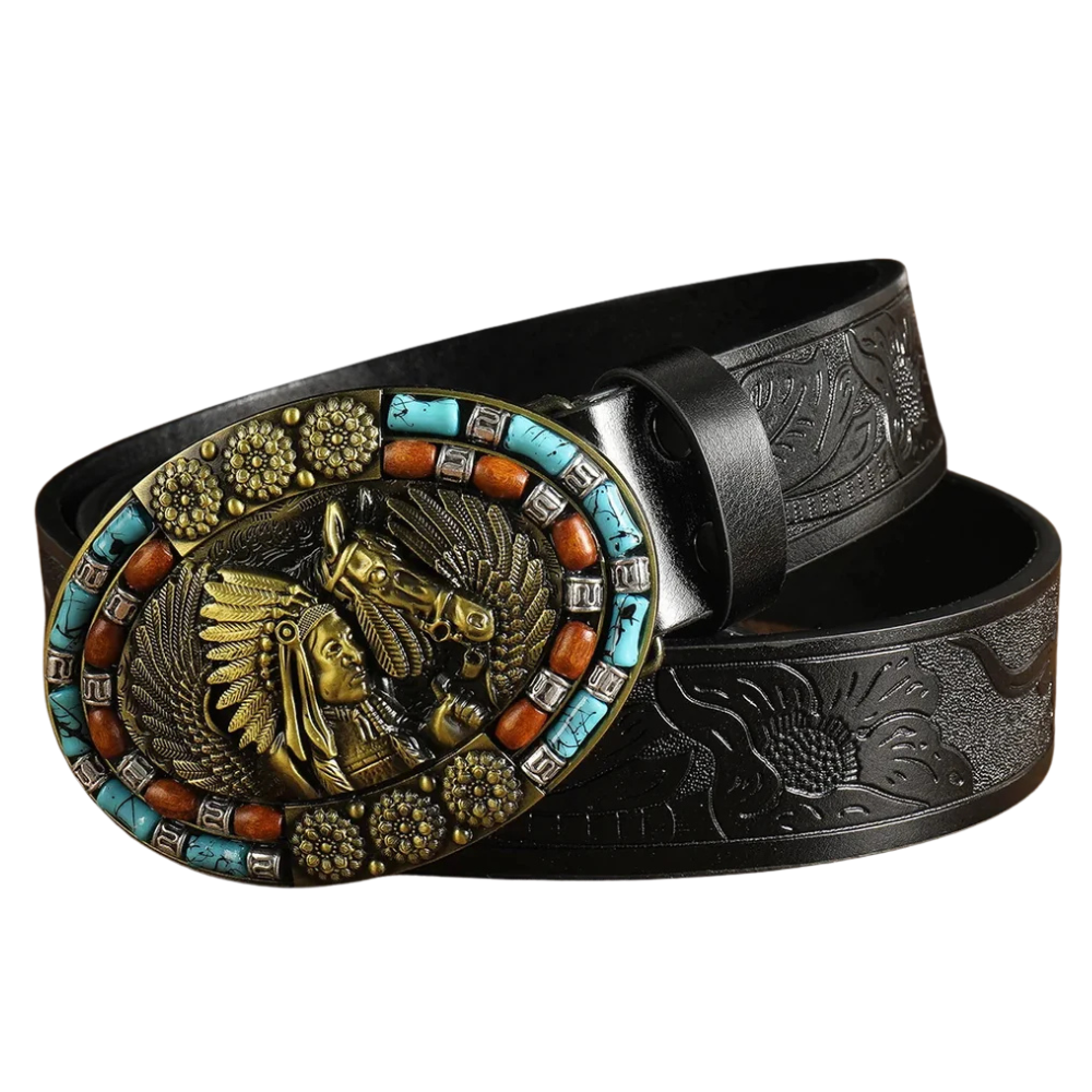 Cowboybälte i bohemisk stil med turkosa detaljer och snidade blommönster