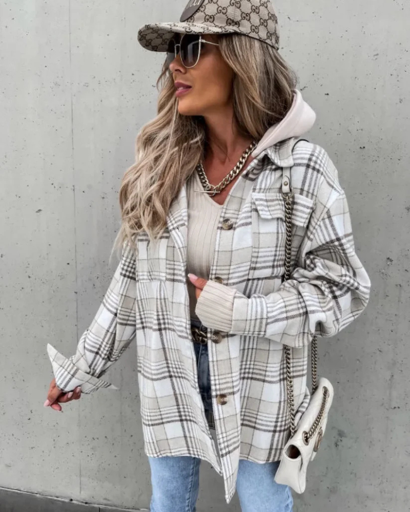 Fodrad rutig hoodie-skjorta dam