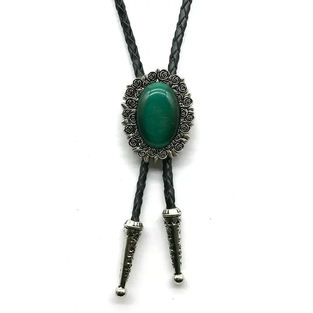 Bolo tie i äkta läder med vintageblomma och steninfattning