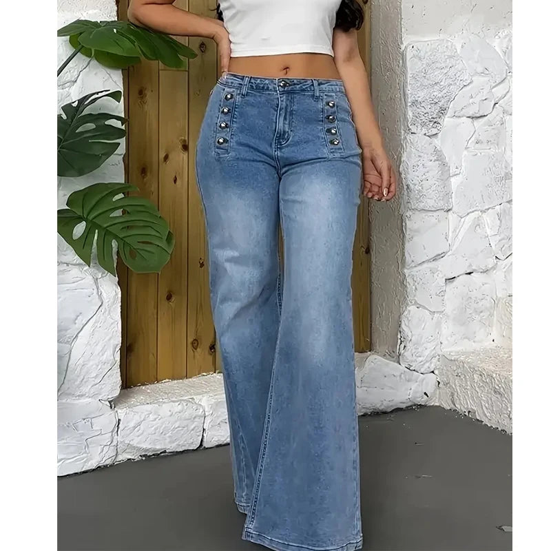 Ljusblå högmidjade vida jeans med dekorativa knappar