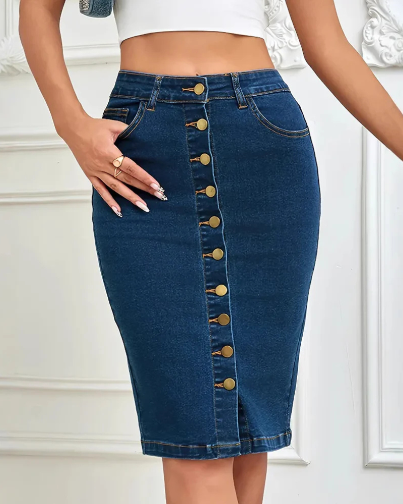 Tajt midi-jeanskjol med knappar