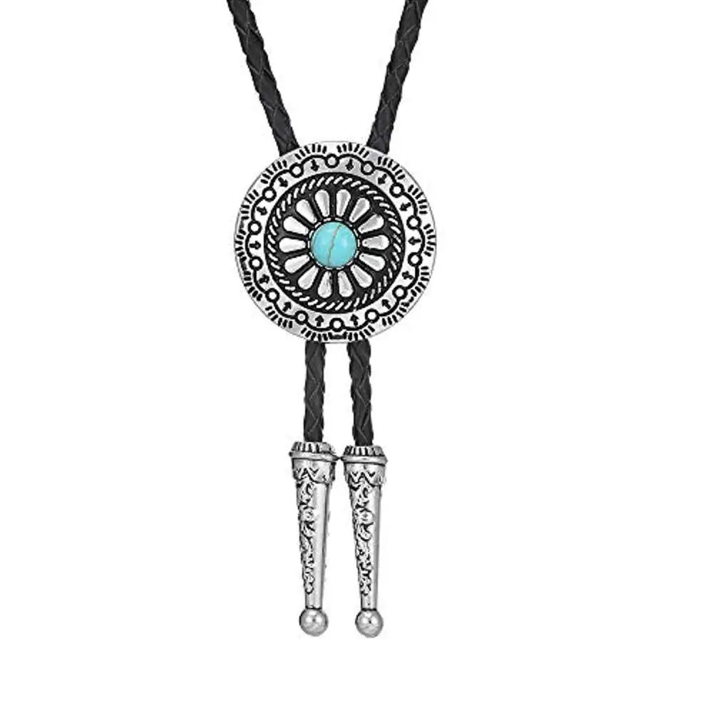 Bolo tie med runt metallhänge och lädersnöre