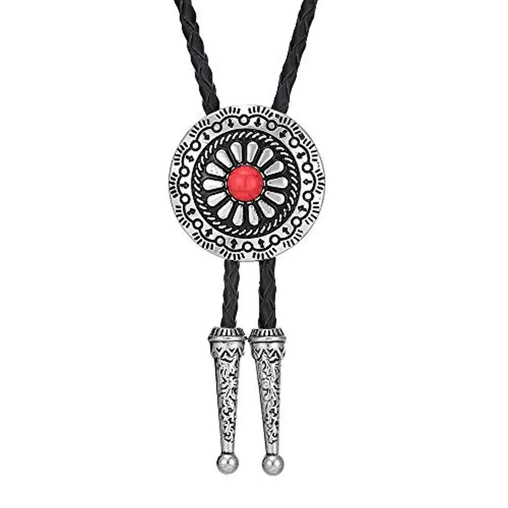 Bolo tie med runt metallhänge och lädersnöre