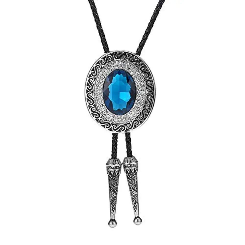 Bolo tie rund med blå rhinestone och flätad läderrem