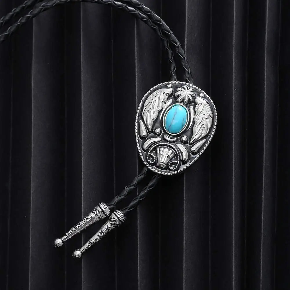 Bolo tie med dekorativ sten och lövmönstrad i vintage-stil