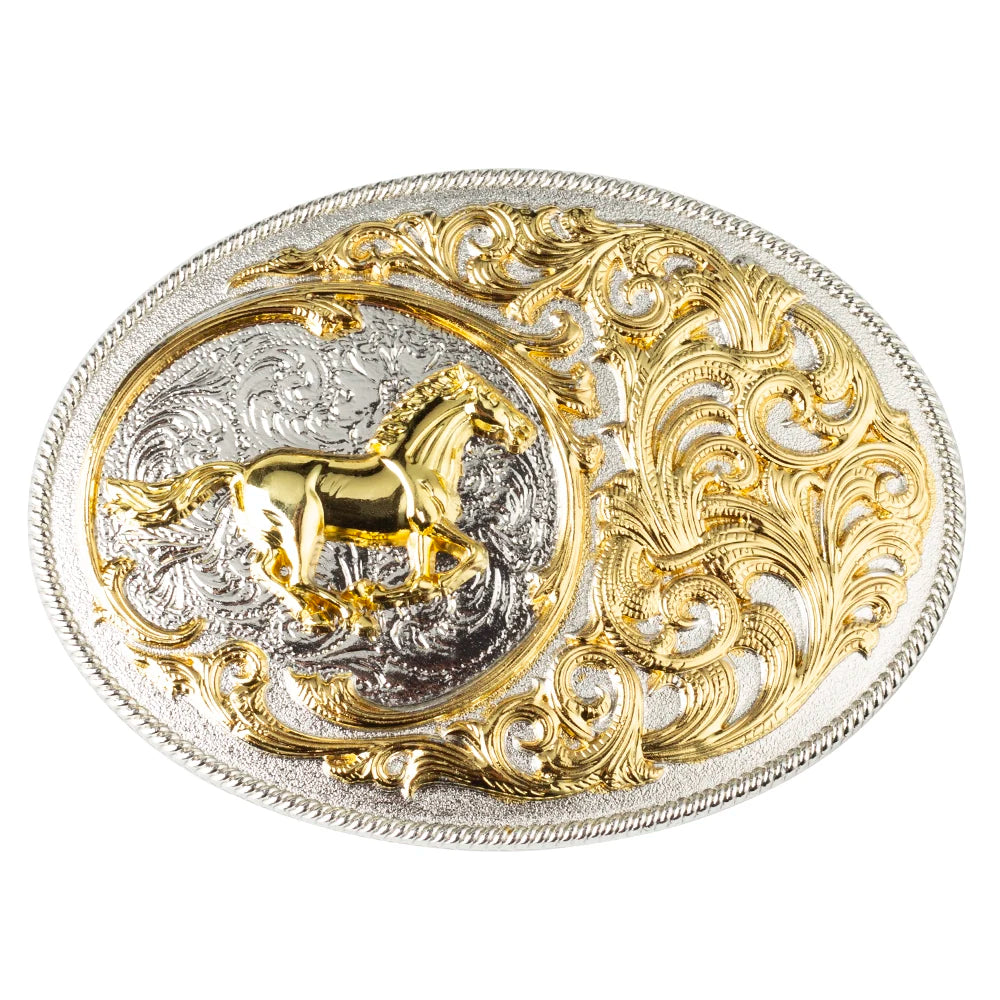 Oval Bältesspänne Guldhäst Silver Blommig Gravyr