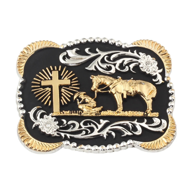 Bältesspänne western stil med häst kors och skalle i guld och silver