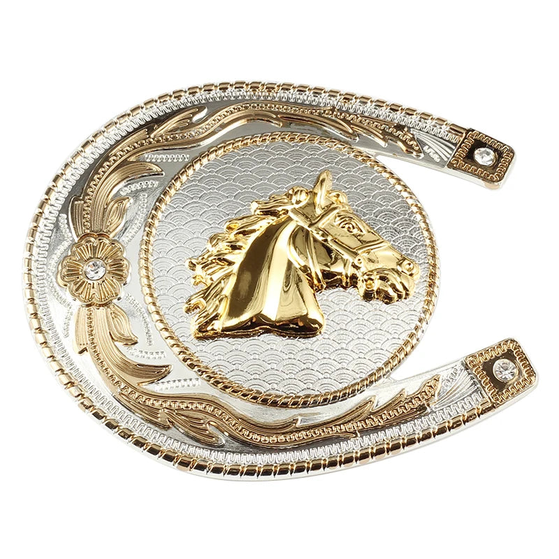 Western bältesspänne med hästhuvud i guld och silver cowboy stil