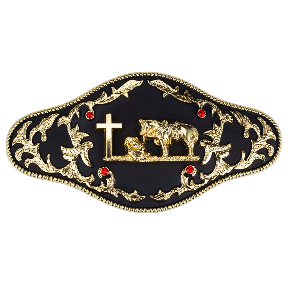 Western Bältesspänne "Böjande Cowboy" med Röda Strass och Guldgravyr