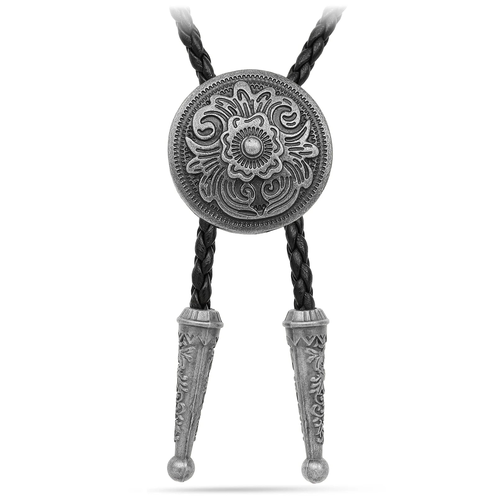 Bolo tie med rund blommönstrad silvermedaljong