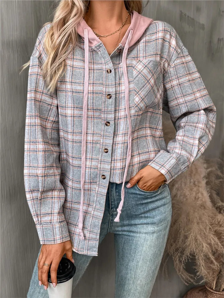 Rutig hoodie-skjorta dam