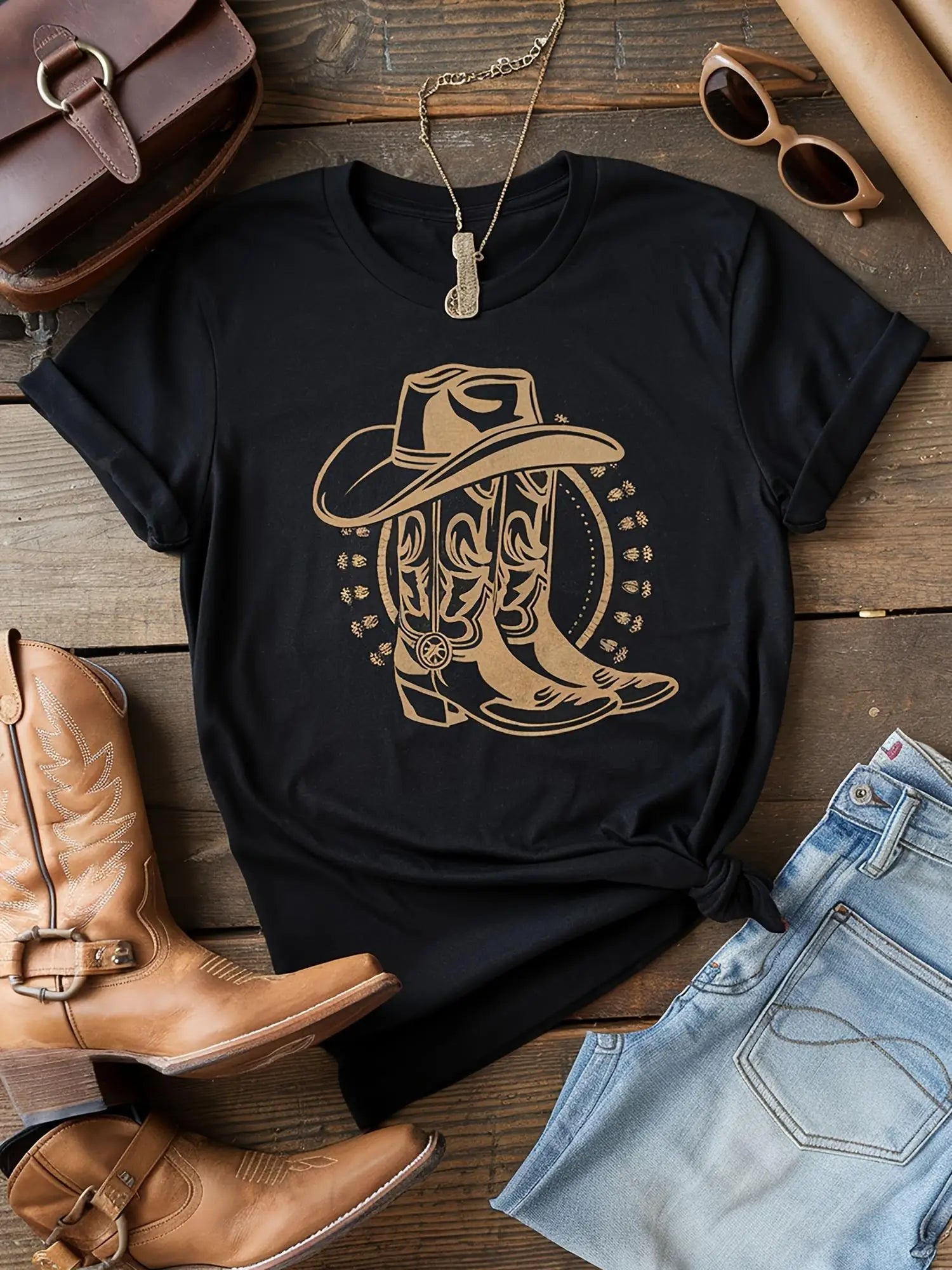Svart T-Shirt med Westerntryck