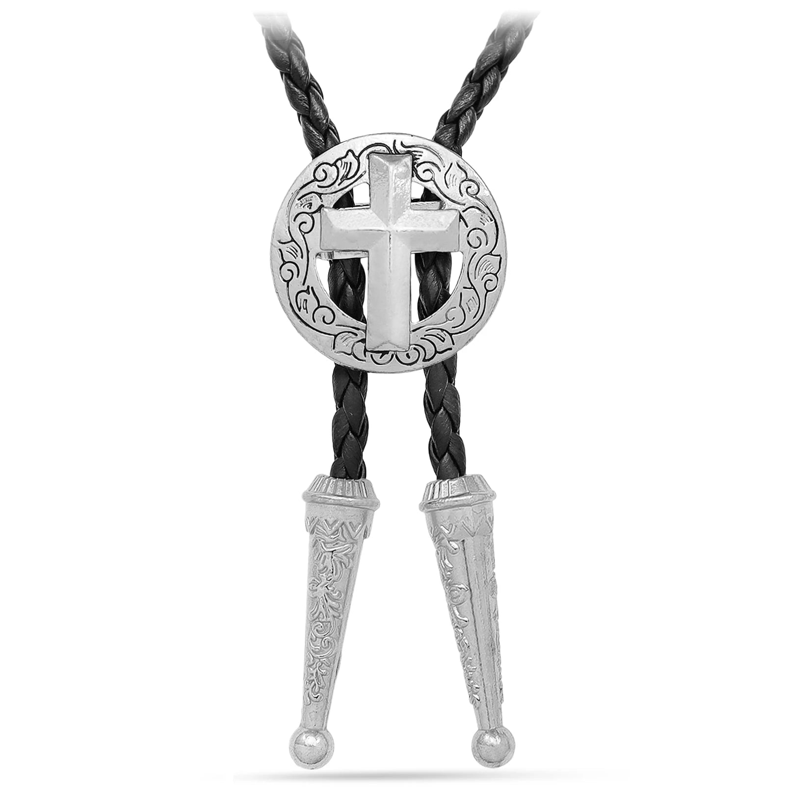 Bolo tie med kors i rund silvermedaljong
