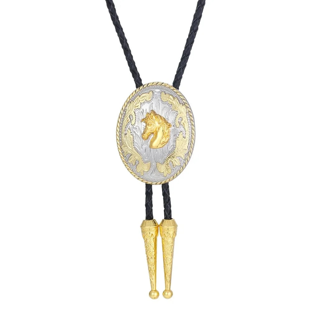 Bolo tie i silver och guld med hästmotiv