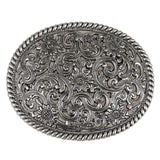 Ovalt bältespänne i vintage-silver med blommigt gravyrmönster