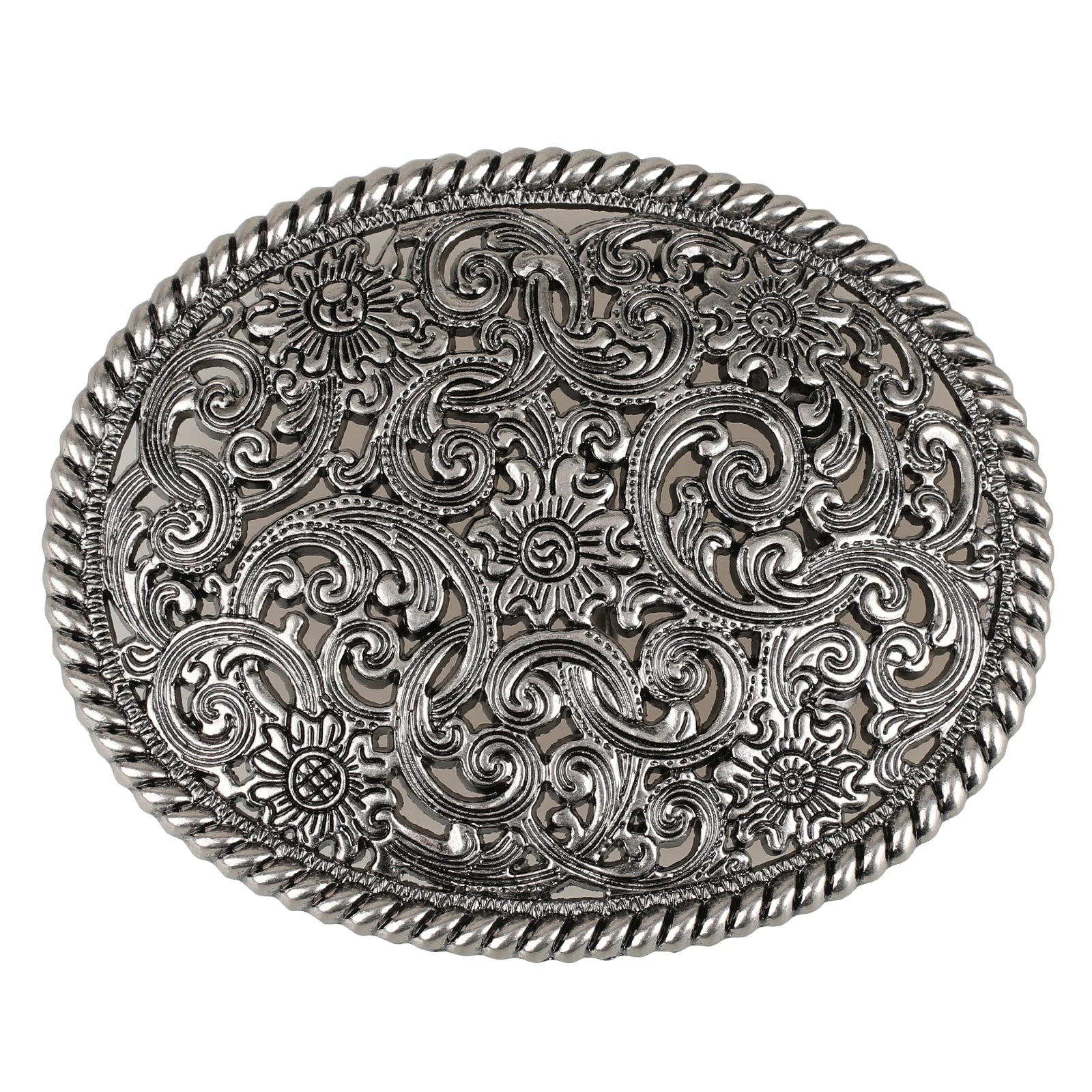 Ovalt bältespänne i vintage-silver med blommigt gravyrmönster