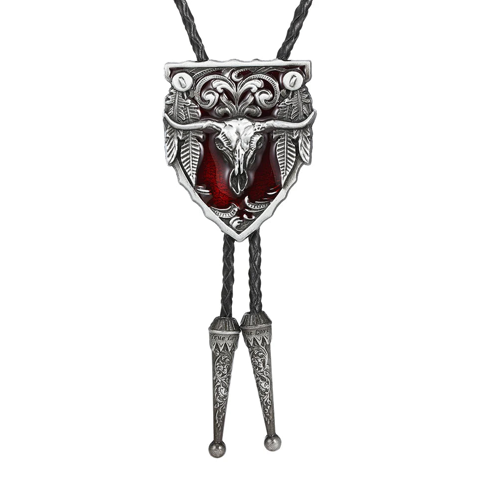 Bolo tie med tjurskalle i oljesköld och läderband