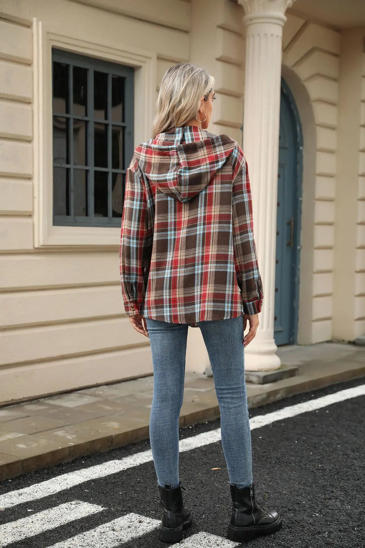 Rutig hoodie-skjorta dam