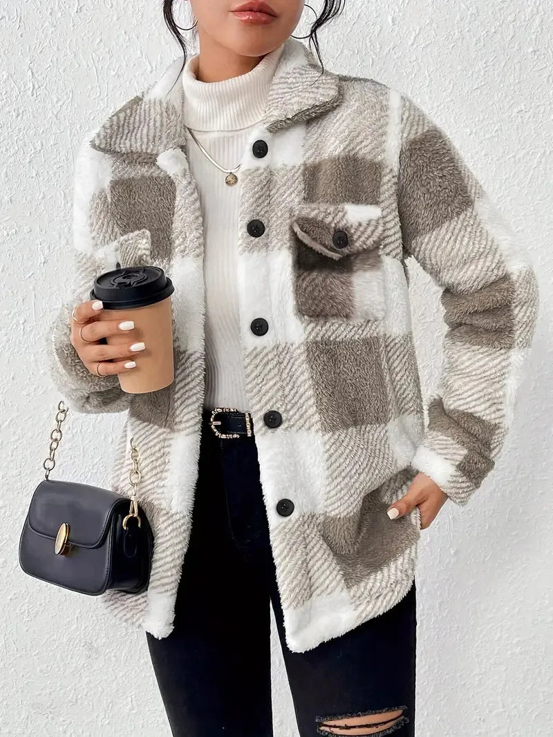 Rutig skjortjacka i teddy-fleece