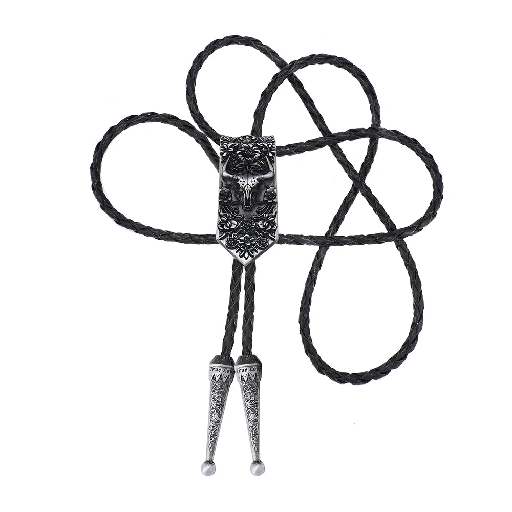Bolo tie i läder med oxskalle och blommönster