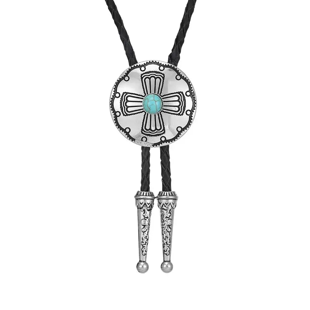 Bolo tie rund med korsdetalj och sten