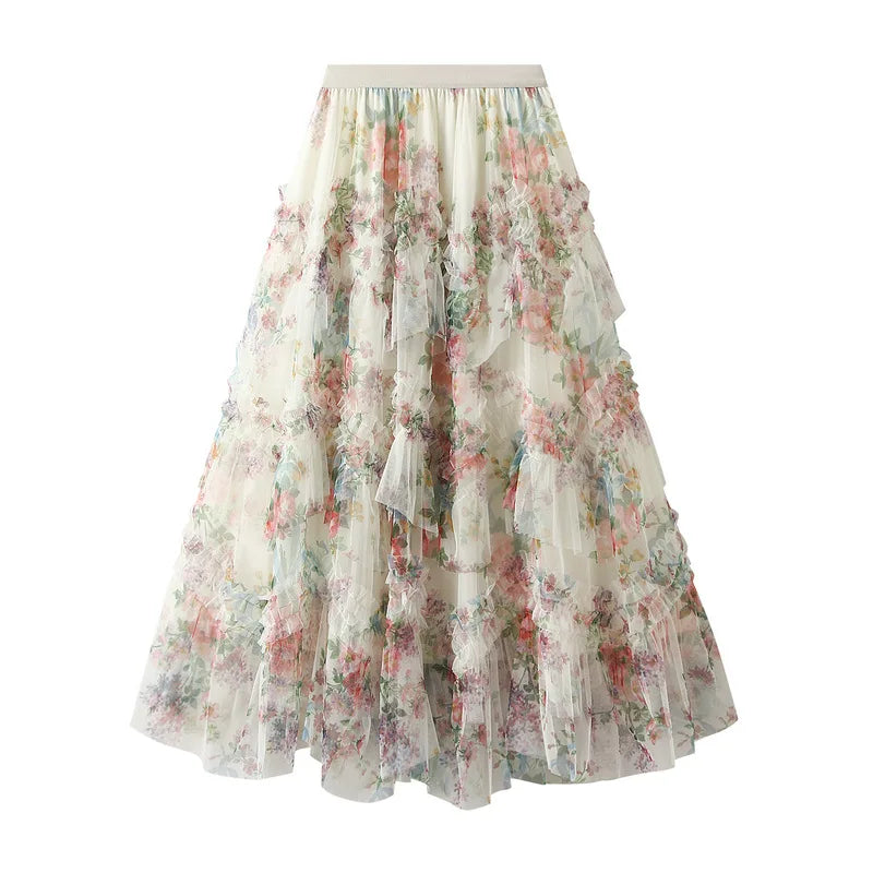 Bohemisk tyllkjol med blommigt akvarellmönster