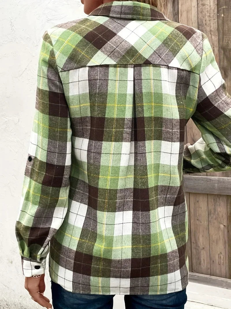 Plus size grön rutig popover-skjorta för dam