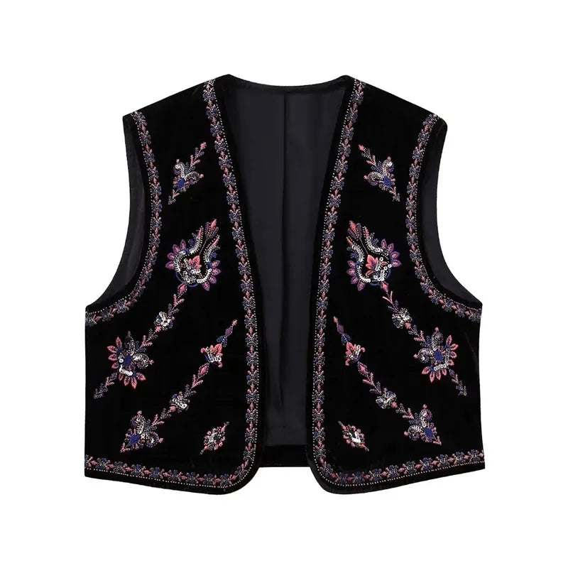 Svart Sammetsväst med Rosa Lila Silver Paljetter Broderi