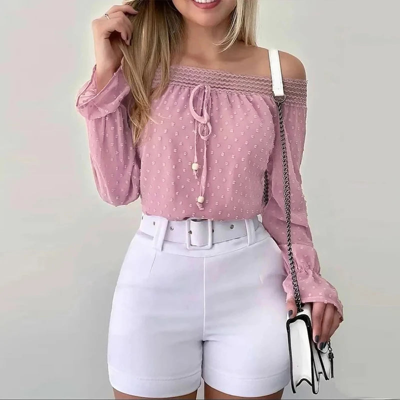 Rosa off shoulder-blus med smock och prickar