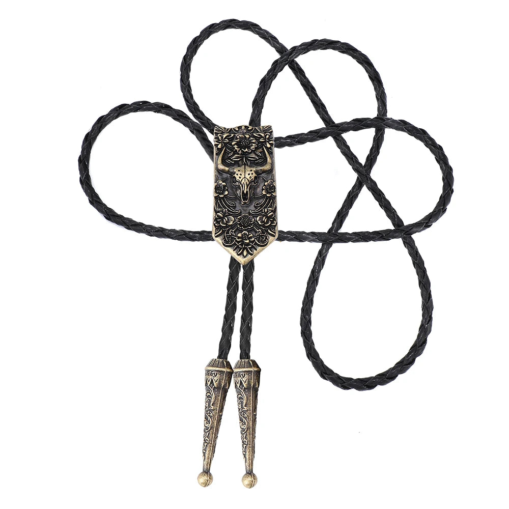 Bolo tie i läder med oxskalle och blommönster